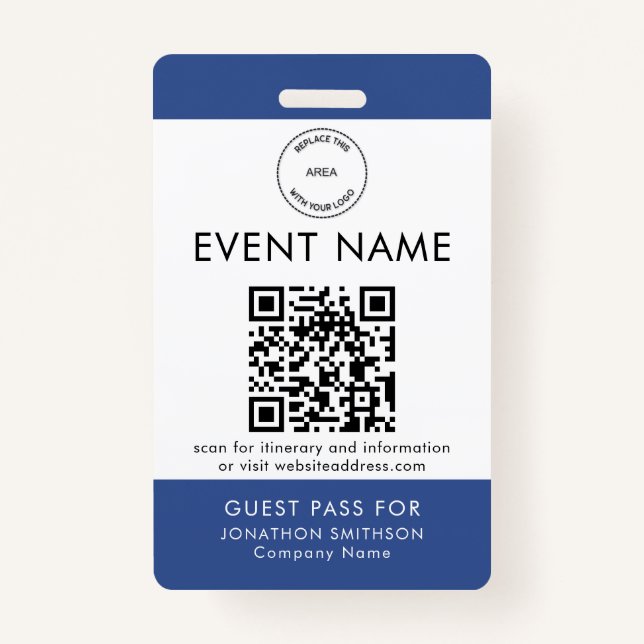 Event Logo QR Code Guest Pass Name Blue White ID Badge (Front)