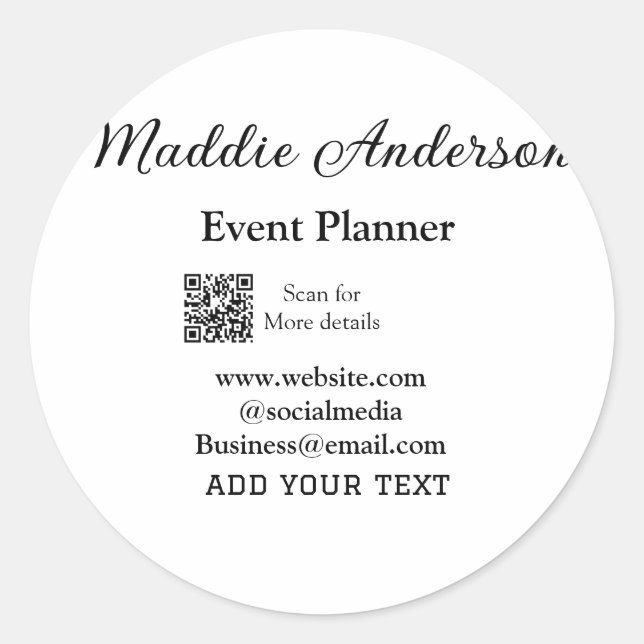 Event planner add name Q R code details website em Classic Round Sticker (Front)