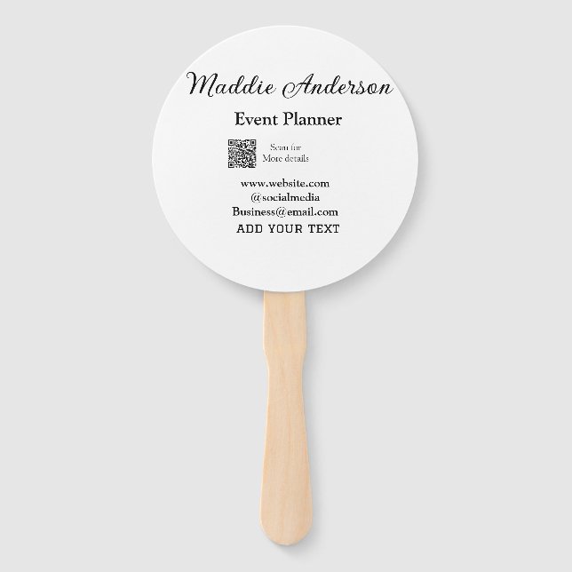 Event planner add name Q R code details website em Hand Fan (Front)