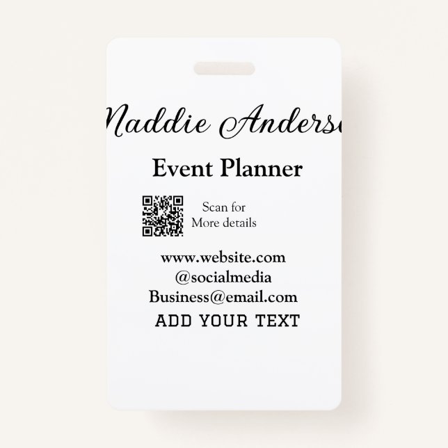 Event planner add name Q R code details website em ID Badge (Front)