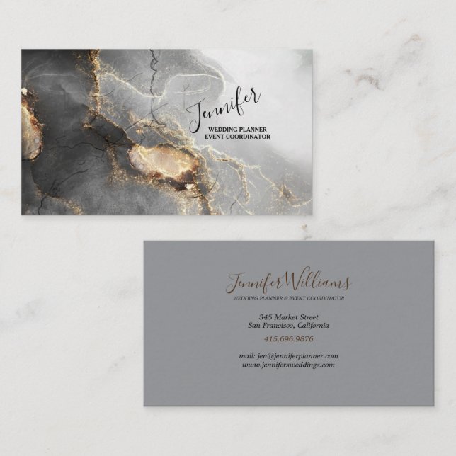 Event Planner Beautiful Black, Grey & Gold Marble Business Card (Front/Back)