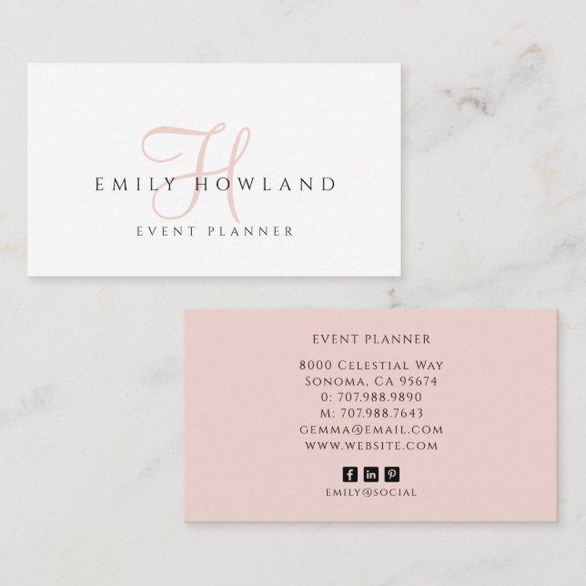 Event Planner Blush Pink Script Monogram Name  Business Card (Front/Back)