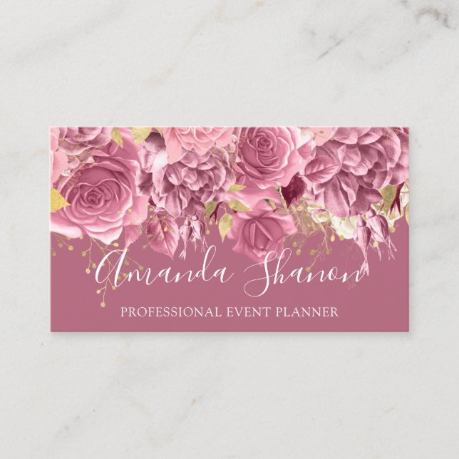Event Planner Drips Roses QR Code Logo  Floral  Business Card (Front)
