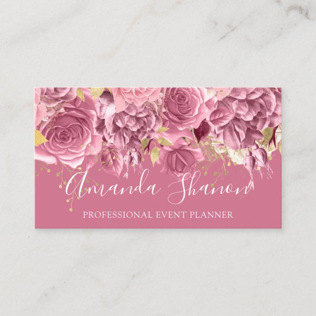 Event Planner Drips Roses QR Code Logo Pink Business Card (Front)