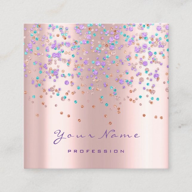 Event Planner Eyelash Makeup Rose  Purple Confetti Square Business Card (Front)