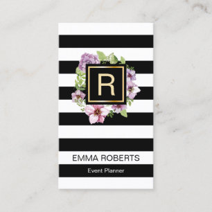 Event Planner Floral Monogram Modern Stripes Business Card