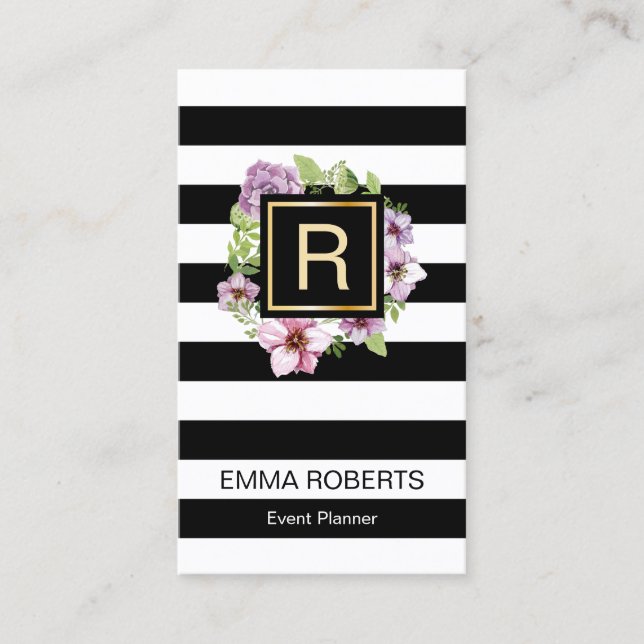 Event Planner Floral Monogram Modern Stripes Business Card (Front)