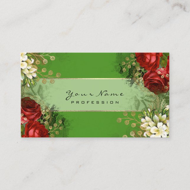 Event Planner Floral Red Roses Green Gold VIP Business Card (Front)