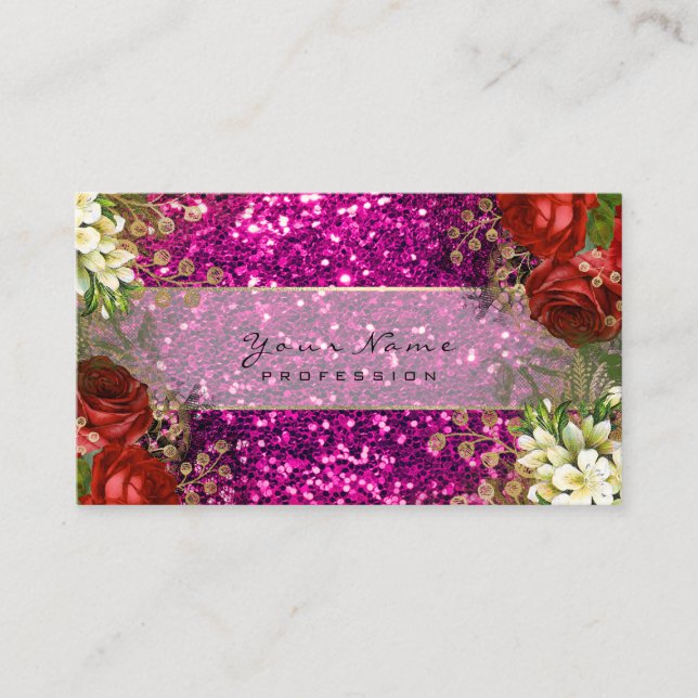 Event Planner Floral Red Roses Pink Glitter Business Card (Front)