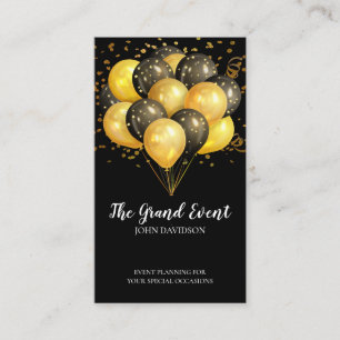Event Planner Modern Gold Black Balloons Glitter Business Card