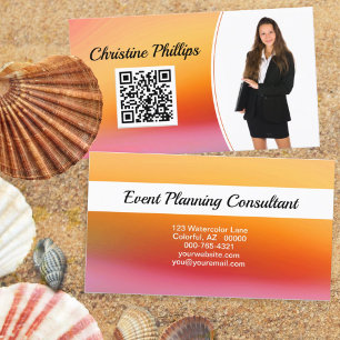 Event Planner Orange Watercolor Custom Photo QR Business Card