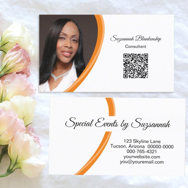 Event Planner Orange White Custom Photo QR Code Business Card (Creator Uploaded)