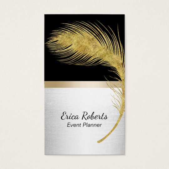 Event Planner Peacock Feather Modern Black & Gold Business Card