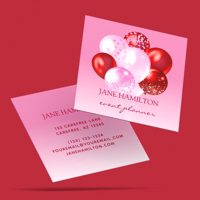 Event Planner Pink Red Balloons Square Business Card (Creator Uploaded)