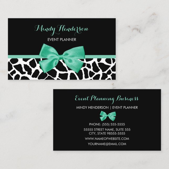 Event Planner Pretty Giraffe Print Mint Green Bow Business Card (Front/Back)