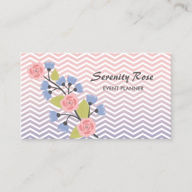 Event Planner Pretty Pink and Blue Chevron Floral Business Card (Front)