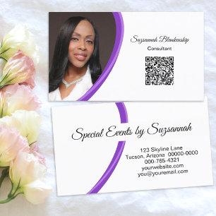 Event Planner Purple White Custom Photo QR Code Business Card