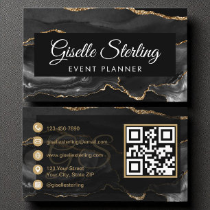 Event Planner QR Code Black Gold Agate Luxury Business Card