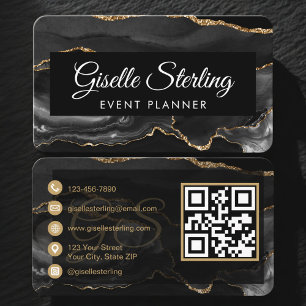 Event Planner QR Code Black Gold Business Card
