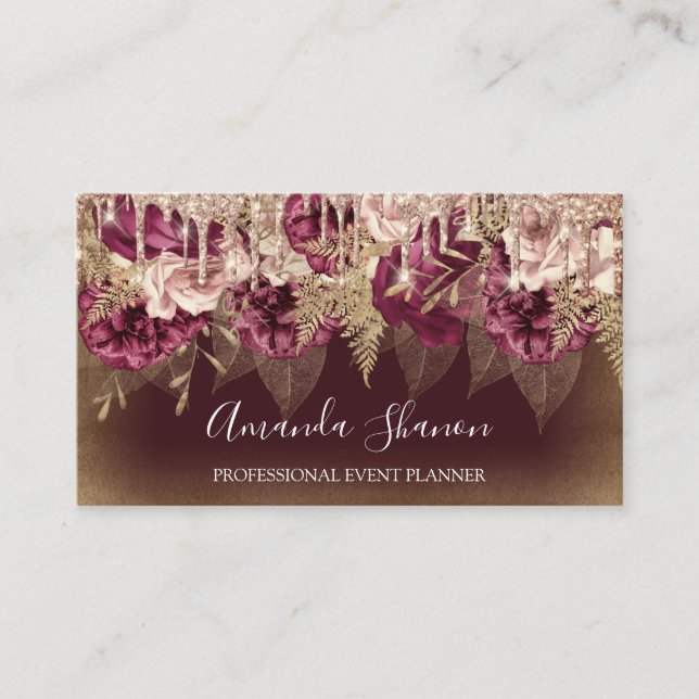 Event Planner Roses Flowers Drips QR Logo Marsala Business Card (Front)