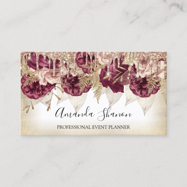 Event Planner Roses Flowers Drips QR Logo White Business Card (Front)