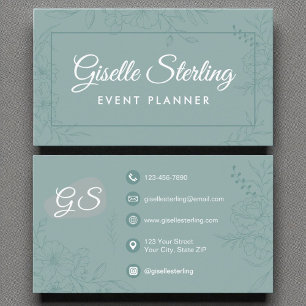 Event Planner Teal Floral Line Art Script Business Card