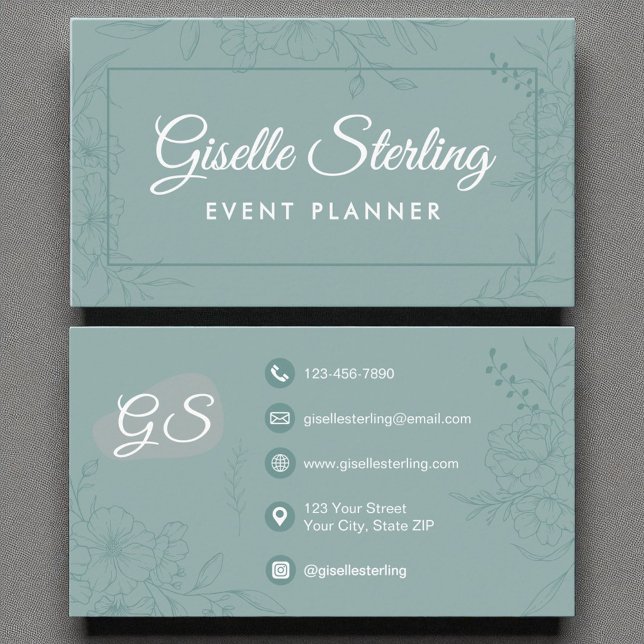 Event Planner Teal Floral Line Art Script Business Card (Creator Uploaded)