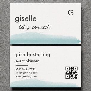 Event Planner Watercolor Aqua Blue Brush QR Code Business Card