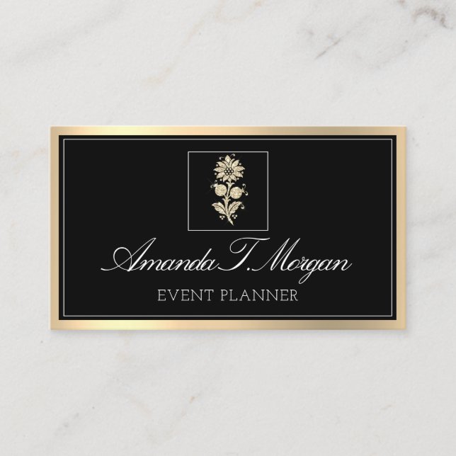 Event Planner Wedding  Gold Flower Frame Black Business Card (Front)