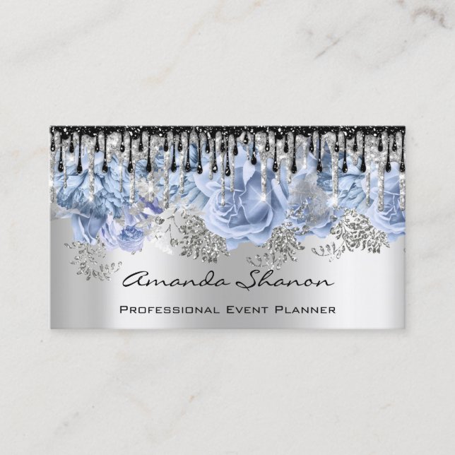 Event Planner Wedding Grey Blue Drips Logo QRCode  Business Card (Front)