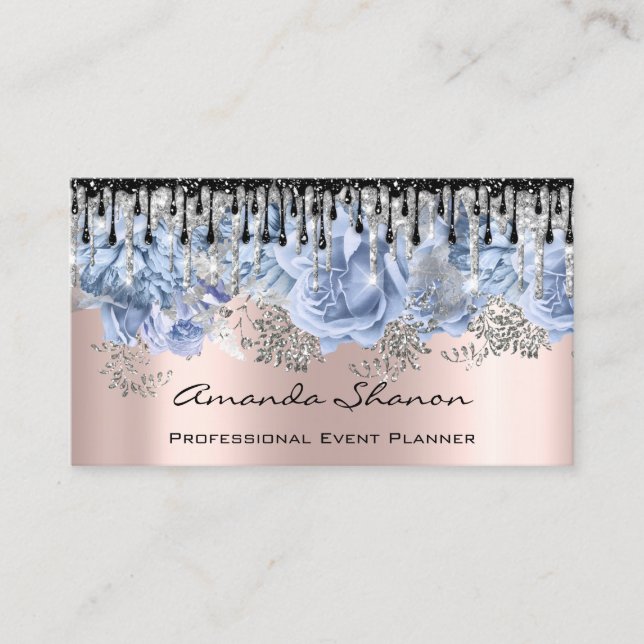 Event Planner Wedding Rose Blue Drips Logo QRCode Business Card (Front)