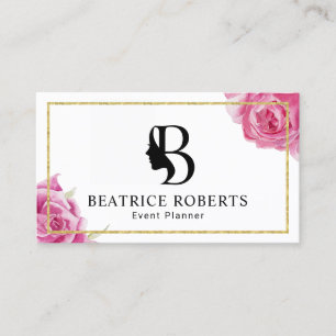 Event Planning Beauty Monogram Gold Frame Floral Business Card