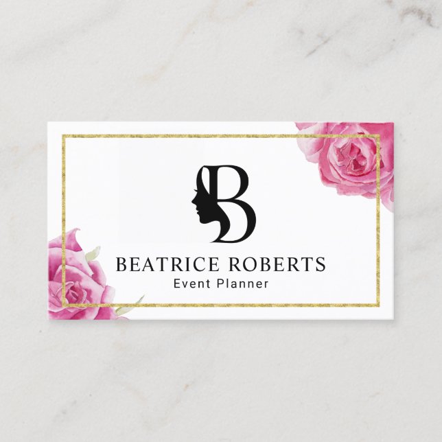 Event Planning Beauty Monogram Gold Frame Floral Business Card (Front)