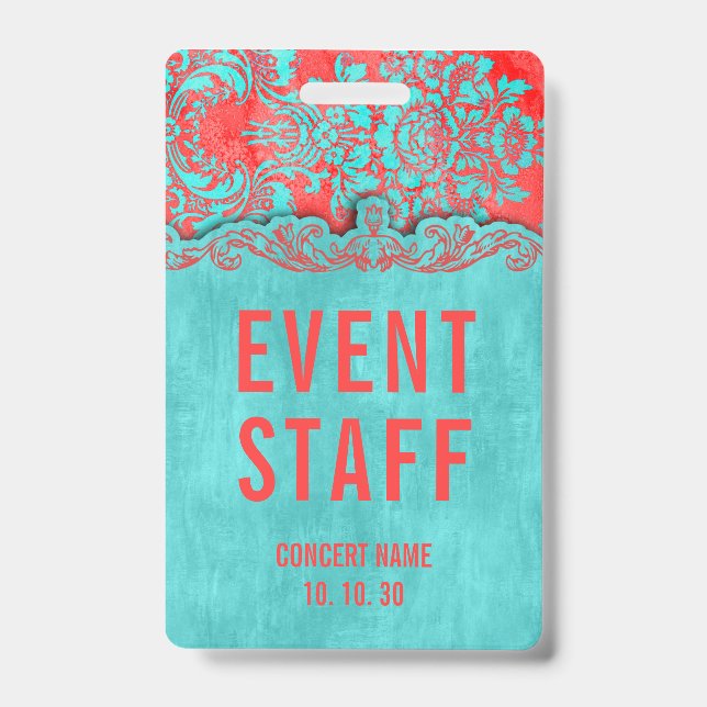 Event Staff Damask Custom Name Concert Badge ID Badge (Front)