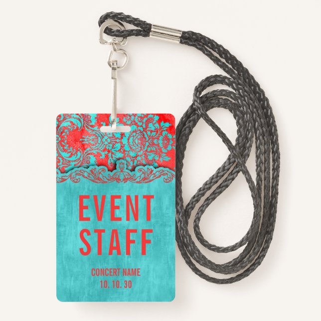 Event Staff Damask Custom Name Concert Badge ID Badge (Front with Lanyard)