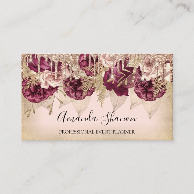 Event Wedding Planner Roses Flowers Drips QR Logo  Business Card (Front)
