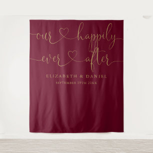Ever After Burgundy And Gold Script Wedding Tapestry
