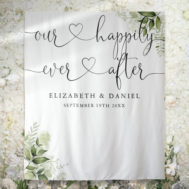 Ever After Script Greenery Wedding Photo Backdrop Tapestry (Ever After Script Greenery Wedding Photo Backdrop)