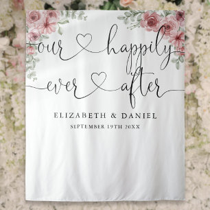 Ever After Script Roses Wedding Photo Backdrop Tapestry