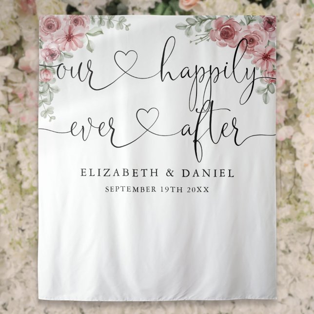 Ever After Script Roses Wedding Photo Backdrop Tapestry (Ever After Script Roses Wedding Photo Backdrop)