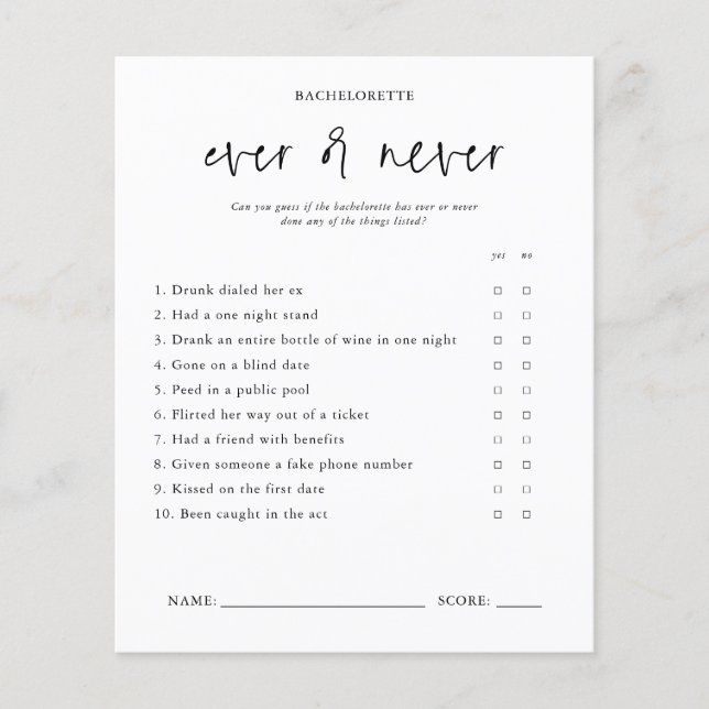 Ever or Never | Bachelorette Party Game Card (Front)