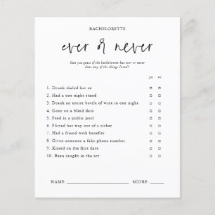 Ever or Never Bachelorette Party Game Card