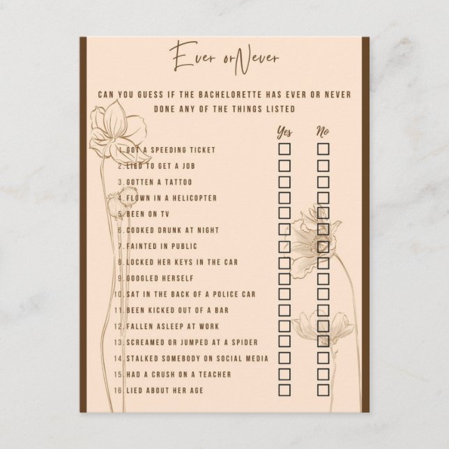Ever or Never Bachelorette Party Game Enclosure Card (Front)