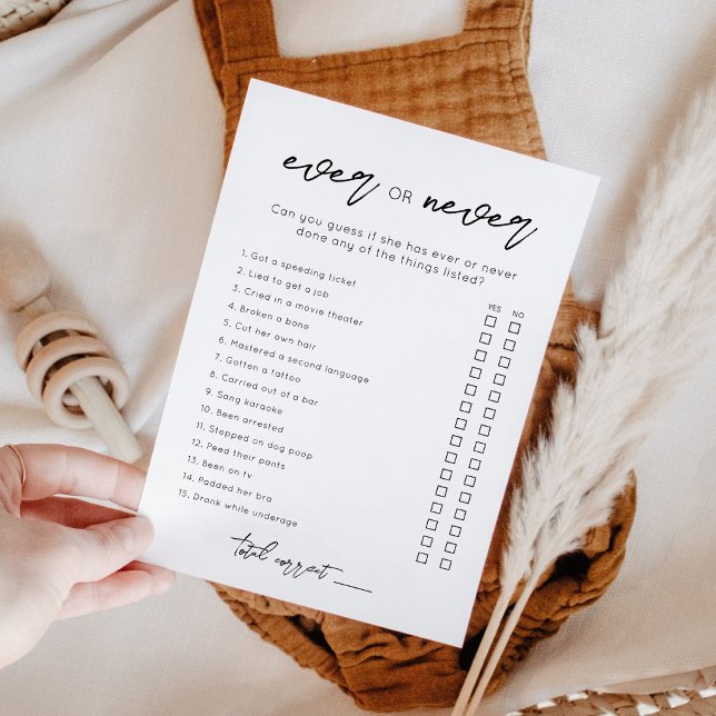 Ever or Never Bridal Shower Editable game card (Ever or Never Bridal Shower game)