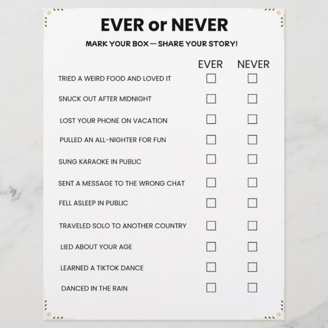 Ever or Never Game – Printable Icebreaker Custom Letterhead (Front)