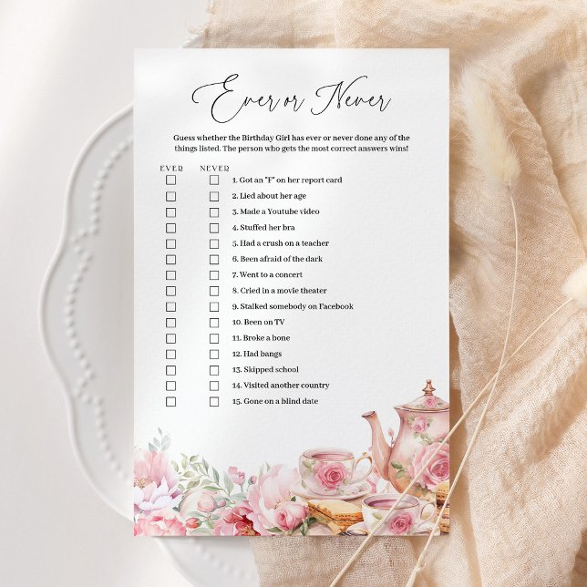 Ever Or Never Pink Floral Tea Birthday Party Game (Creator Uploaded)
