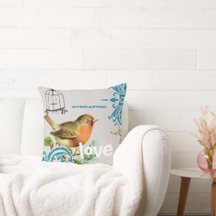 Everafter Bride Teal Coral Grey Cute Bird Birdcage Cushion