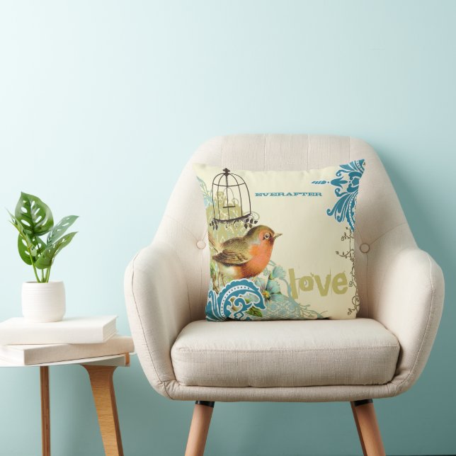 Everafter Bride Teal Lime & Coral Bird Birdcage Cushion (Chair)
