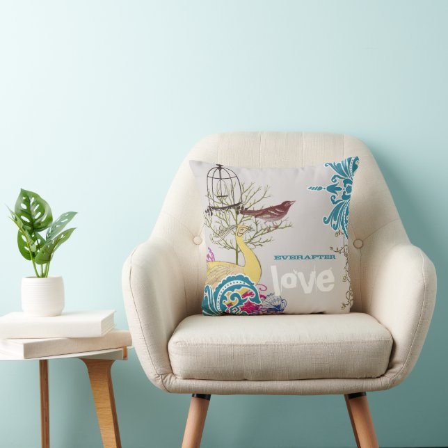 Everafter Bride Teal Yellow Grey Peacock Birdcage Cushion (Chair)
