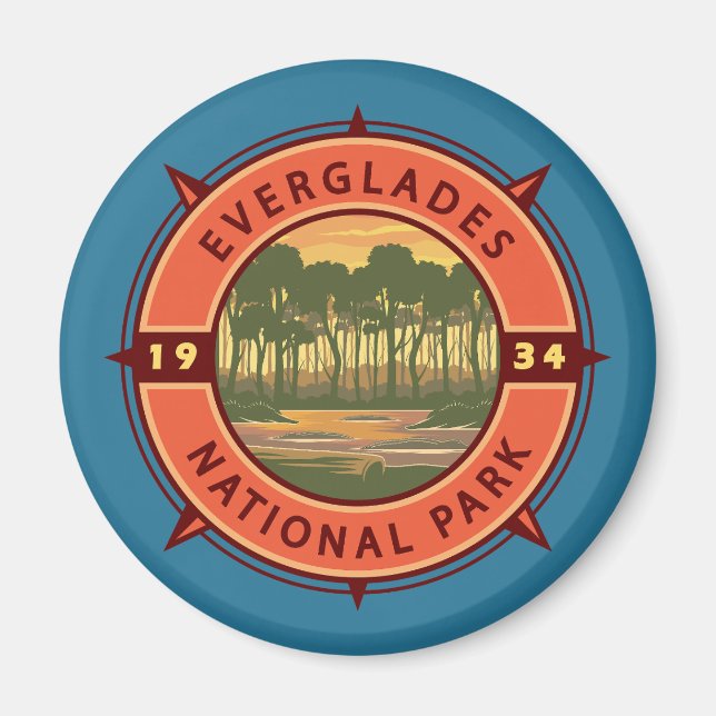 Everglades National Park Sunset Retro Compass Magnet (Front)